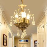 Vintage 4-Head Crystal Chandelier with Brass Swirl Arm - Corridor Pendant Lighting - This product is a chandelier light fixture that is vintage-inspired with 4 heads and a swril arm. It is made with brass and crystal materials. The siz